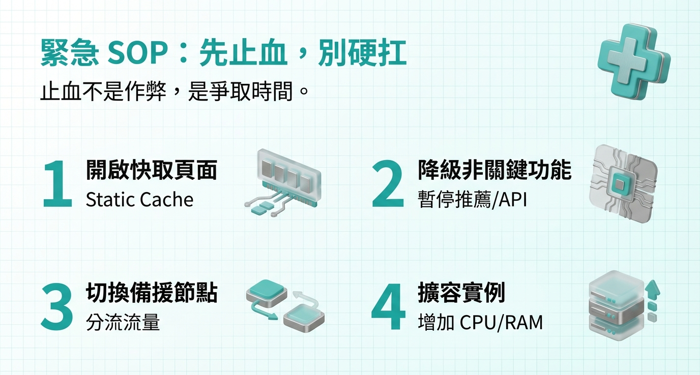 解決 504 錯誤的緊急處理 SOP 流程圖:包含開啟靜態快取、降級非關鍵功能、切換備援節點與擴容 CPU/RAM。 解決 504 錯誤的緊急處理 SOP 流程圖:包含開啟靜態快取、降級非關鍵功能、切換備援節點與擴容 CPU/RAM。