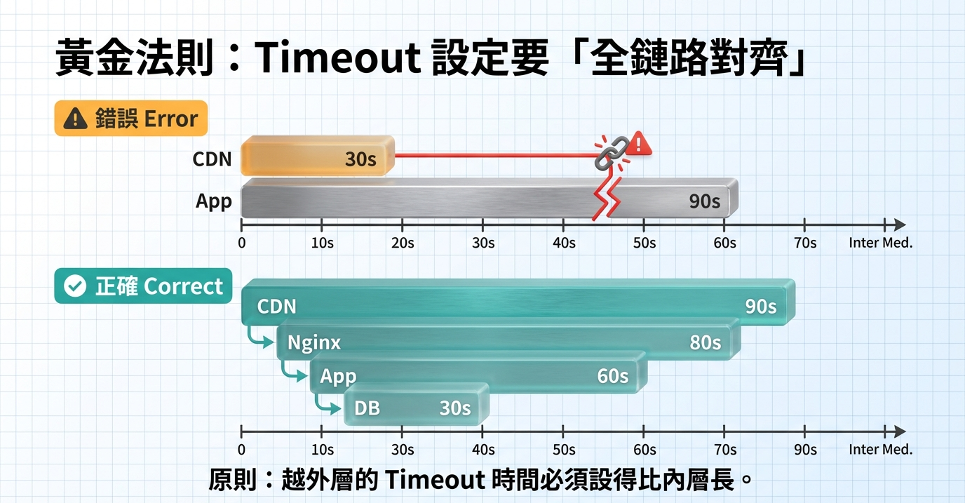 網站全鏈路 Timeout 設定優化教學:正確原則為越外層(CDN)的逾時時間應比內層(DB/App)更長。 網站全鏈路 Timeout 設定優化教學:正確原則為越外層(CDN)的逾時時間應比內層(DB/App)更長。