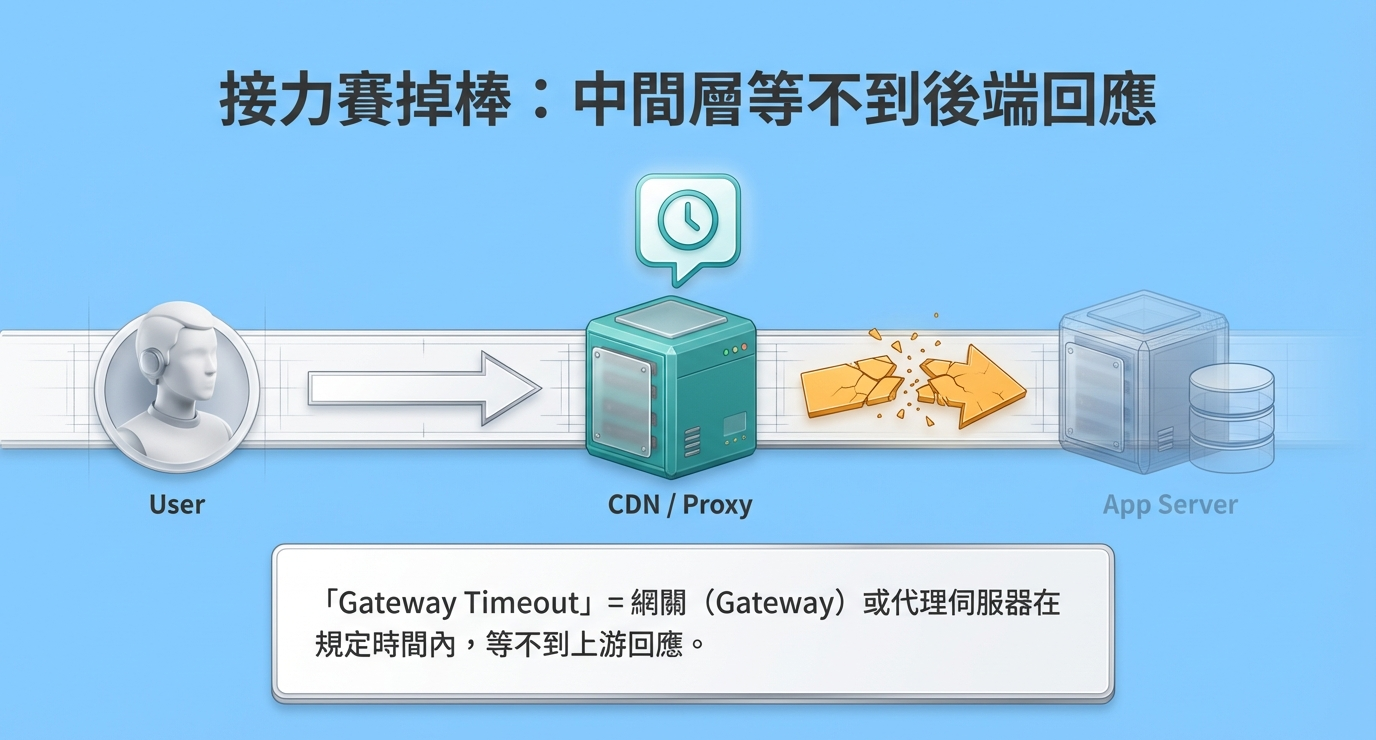 504 Gateway Timeout 定義解析圖:說明 CDN 或代理伺服器(Proxy)在規定時間內等不到後端 App Server 回應的運作原理。 504 Gateway Timeout 定義解析圖:說明 CDN 或代理伺服器(Proxy)在規定時間內等不到後端 App Server 回應的運作原理。