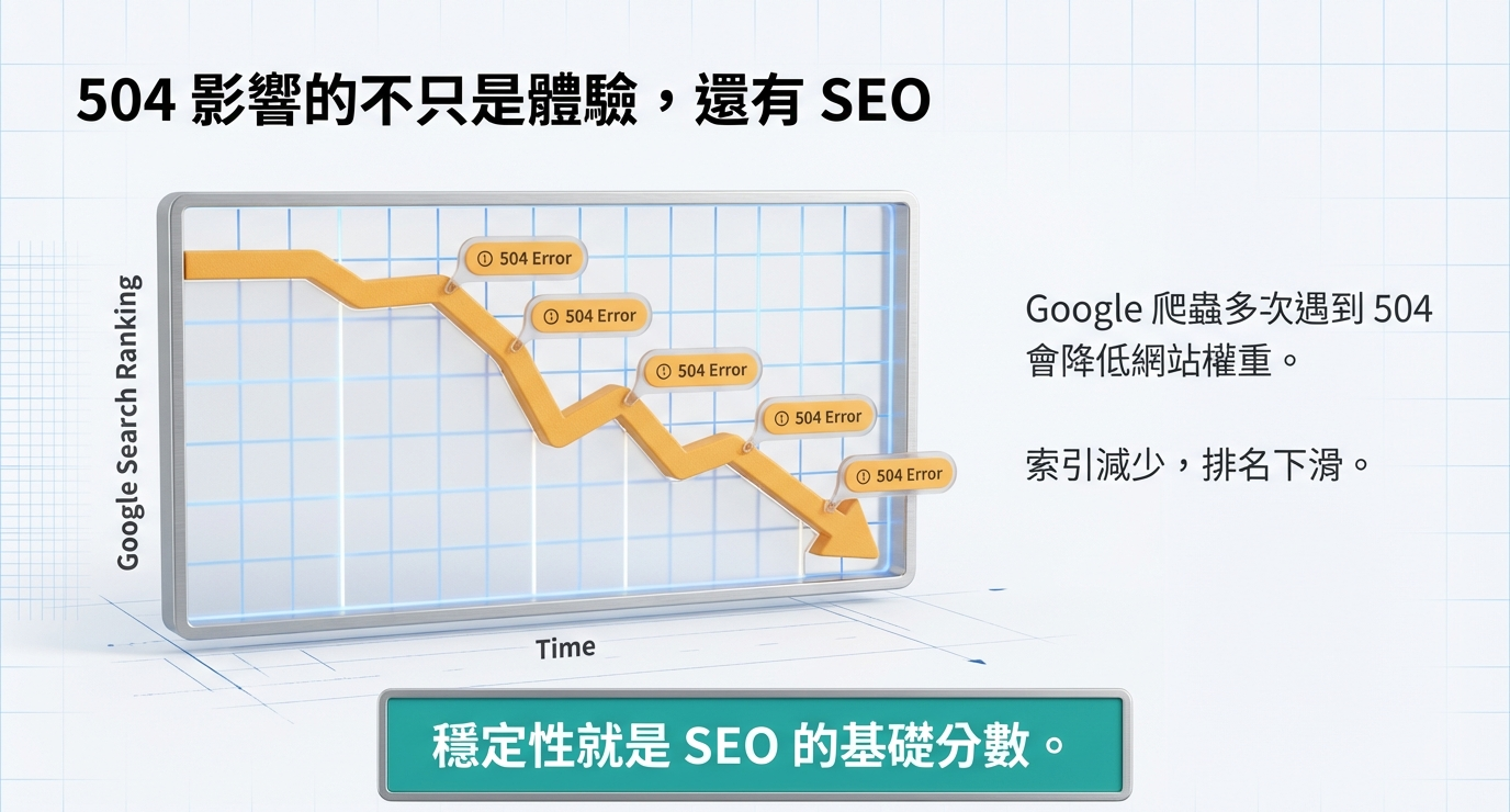 504 錯誤影響 SEO 排名下降的示意圖,說明網站穩定性不足會導致 Google 索引減少與搜尋權重降低。 504 錯誤影響 SEO 排名下降的示意圖,說明網站穩定性不足會導致 Google 索引減少與搜尋權重降低。