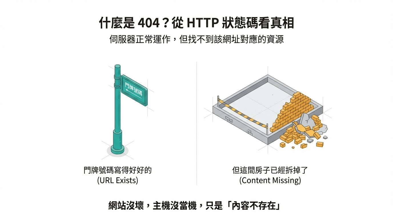 404 狀態碼定義:網址存在但內容消失的 HTTP 錯誤示意圖,說明伺服器運作正常但找不到資源。 404 狀態碼定義:網址存在但內容消失的 HTTP 錯誤示意圖,說明伺服器運作正常但找不到資源。