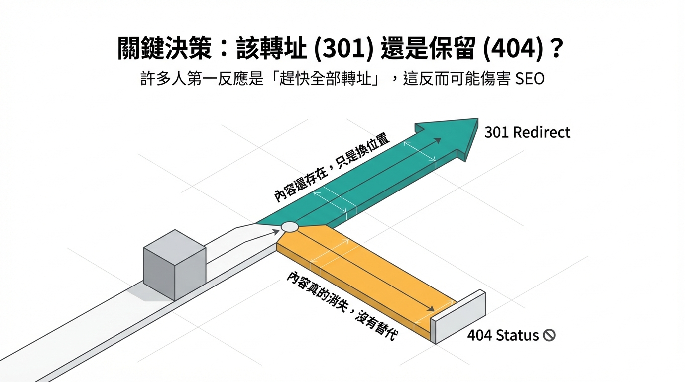 404 還是 301 轉址?SEO 決策圖表:內容換位置應使用 301,內容永久消失則保留 404 狀態。 404 還是 301 轉址?SEO 決策圖表:內容換位置應使用 301,內容永久消失則保留 404 狀態。