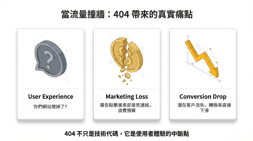 404 帶來的商業痛點:使用者體驗中斷、行銷投資損失與轉換率下降對網站經營的負面影響。 404 帶來的商業痛點:使用者體驗中斷、行銷投資損失與轉換率下降對網站經營的負面影響。