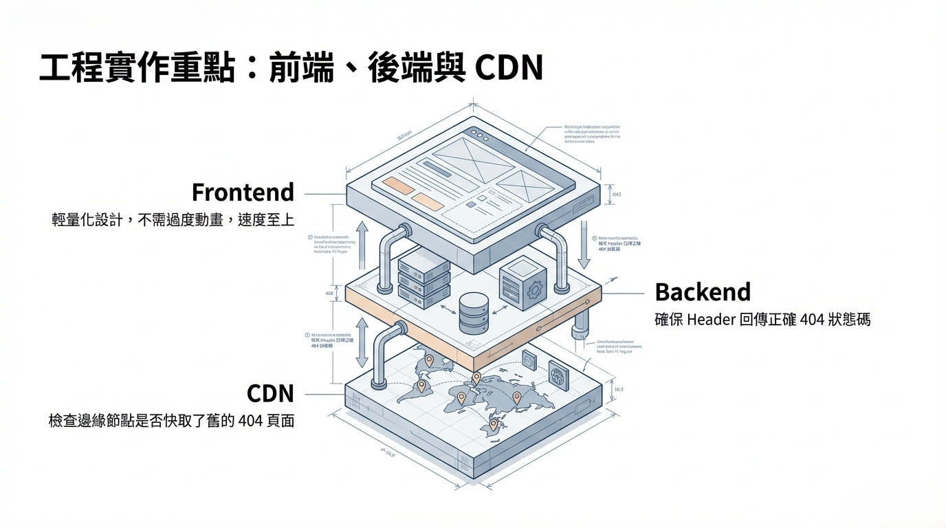404 工程實作重點:涵蓋前端輕量化設計、後端正確狀態碼回傳與 CDN 邊緣節點快取檢查。 404 工程實作重點:涵蓋前端輕量化設計、後端正確狀態碼回傳與 CDN 邊緣節點快取檢查。