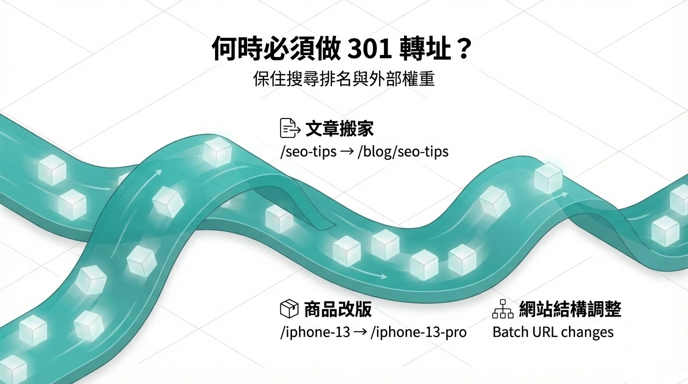 404 轉址 SEO 時機:保住排名權重的 301 轉址情況,如文章搬家、商品改版與網站結構調整。 404 轉址 SEO 時機:保住排名權重的 301 轉址情況,如文章搬家、商品改版與網站結構調整。