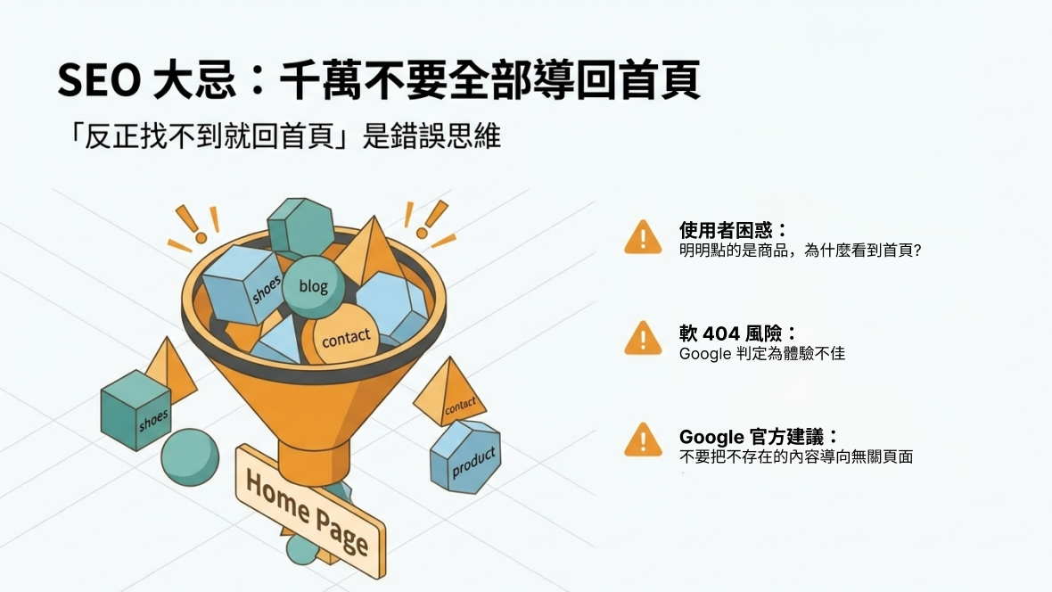 404 SEO 大忌:將所有無效網頁導回首頁會造成使用者困惑、軟 404 風險且違反 Google 建議。 404 SEO 大忌:將所有無效網頁導回首頁會造成使用者困惑、軟 404 風險且違反 Google 建議。