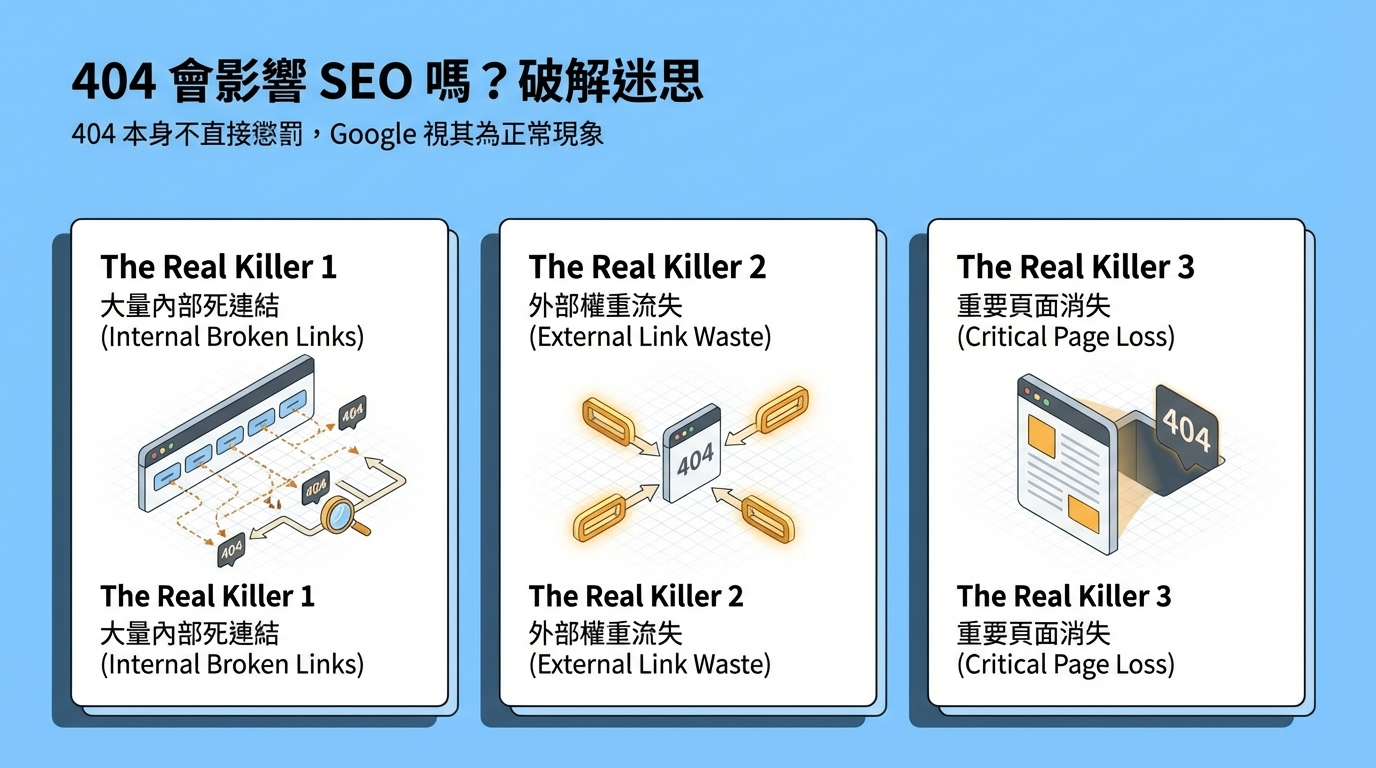 404 會影響 SEO 嗎?破解迷思:真正的權重殺手是內部死連結、外部權重流失與重要頁面消失。 404 會影響 SEO 嗎?破解迷思:真正的權重殺手是內部死連結、外部權重流失與重要頁面消失。
