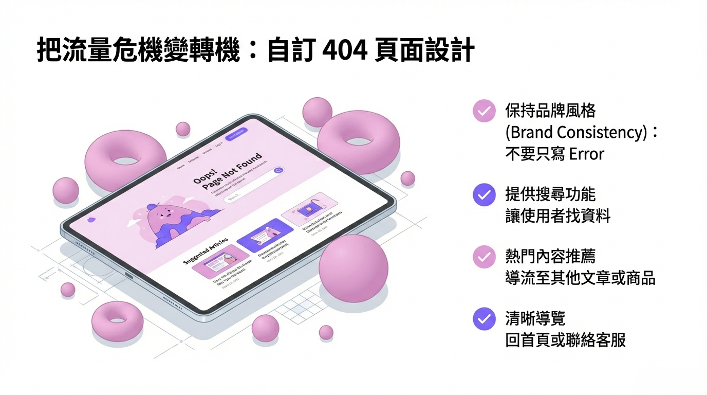 404 頁面設計範例:自訂品牌風格、搜尋功能與熱門內容推薦,優化錯誤頁面使用者體驗。 404 頁面設計範例:自訂品牌風格、搜尋功能與熱門內容推薦,優化錯誤頁面使用者體驗。
