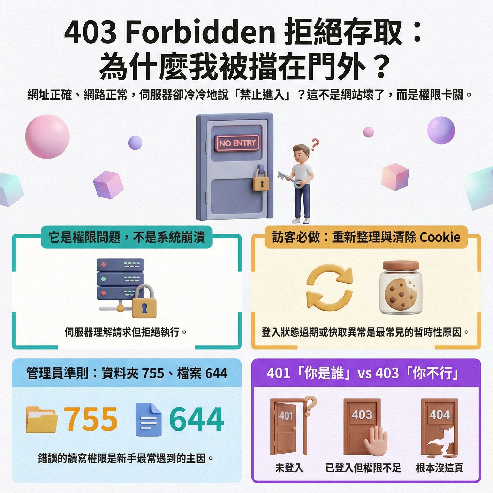 403 Forbidden 錯誤原因與解決方案總結，涵蓋 Linux 權限 755644 設定、401 與 403 差異，以及訪客清除 Cookie 的排查步驟。
