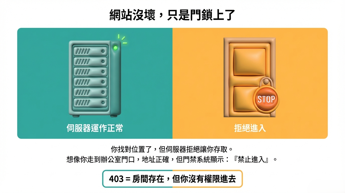 403 錯誤意思解釋：以辦公室門禁為比喻，說明伺服器運作正常但拒絕存取，強調 403 是「房間存在但無權進入」。