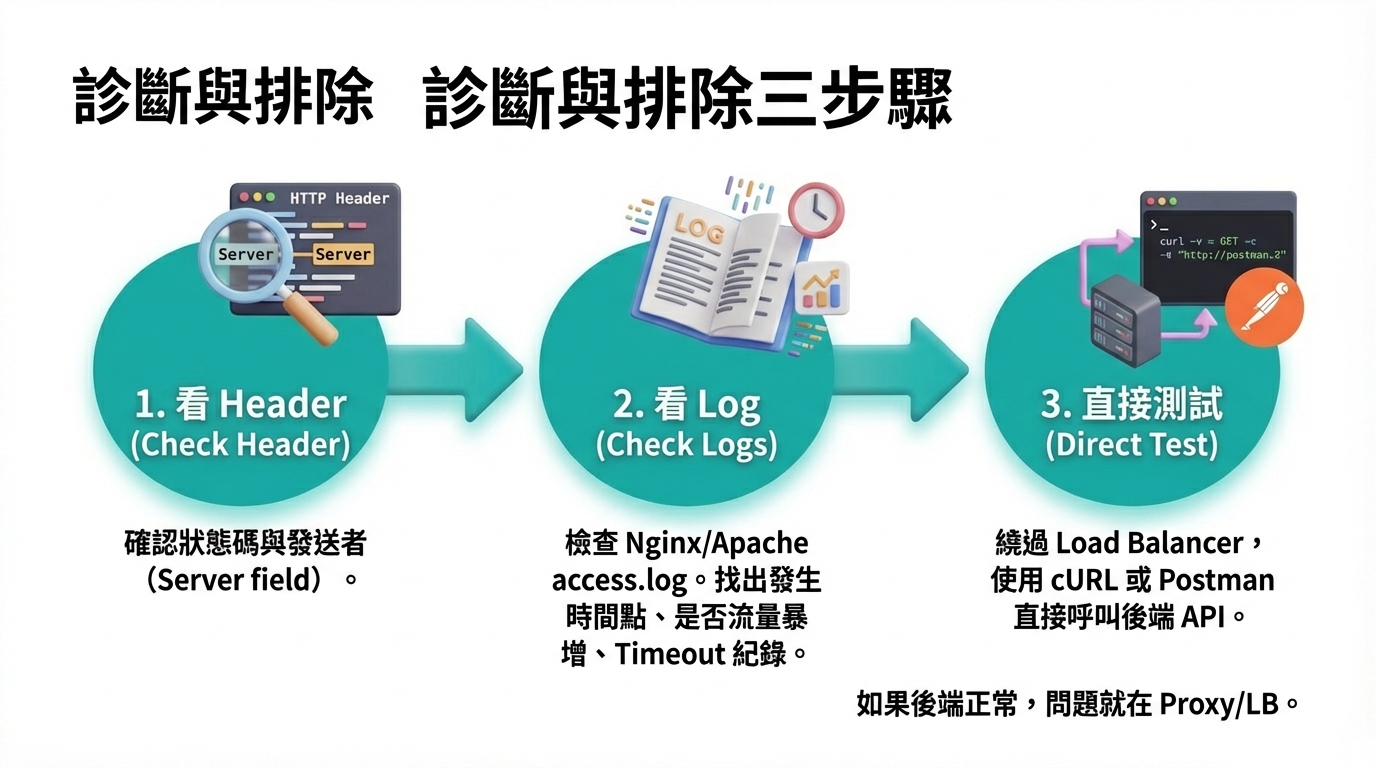 診斷與排除 503 錯誤的三步驟指南:1. 查看 HTTP Header,2. 檢查伺服器日誌,3. 使用工具直接測試後端 API。 診斷與排除 503 錯誤的三步驟指南:1. 查看 HTTP Header,2. 檢查伺服器日誌,3. 使用工具直接測試後端 API。
