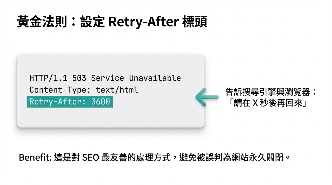 處理 503 錯誤的黃金法則：在 HTTP 回應中設定 Retry-After 標頭，告知搜尋引擎爬蟲與瀏覽器何時應重試，避免被判定為永久關閉。