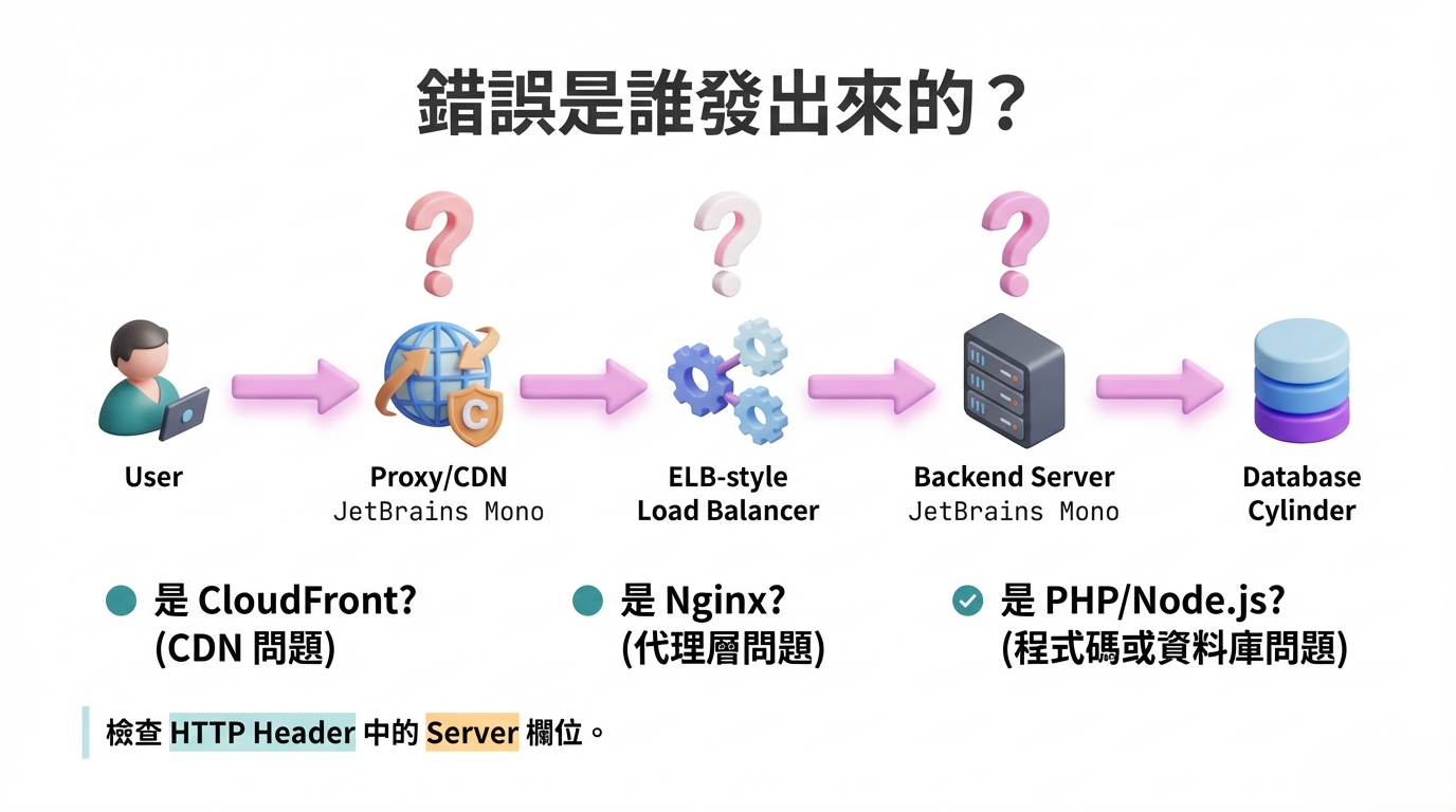 503 錯誤來源追蹤流程圖，顯示從使用者請求經過 ProxyCDN、負載平衡器到後端伺服器與資料庫的檢查點。