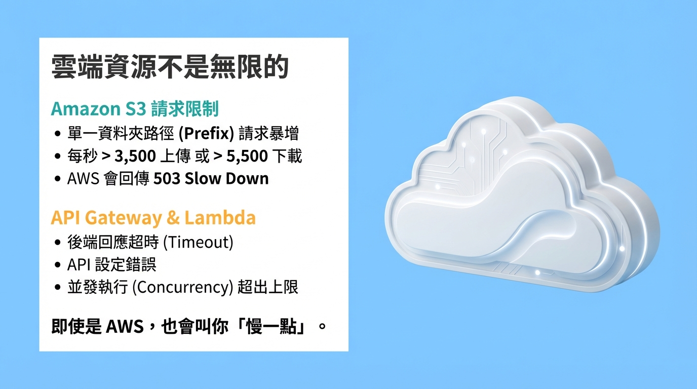 雲端資源限制導致 503 錯誤的說明，包括 Amazon S3 請求頻率限制和 API Gateway 及 Lambda 函數的執行逾時或併發上限。