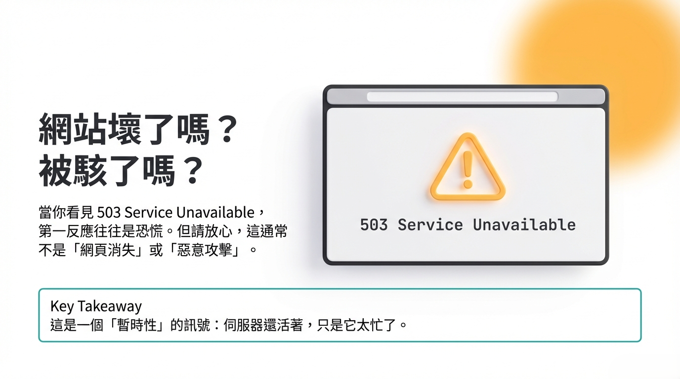 503 服務無法使用錯誤的關鍵解釋:這是一個暫時性訊號,表明伺服器目前太忙碌,而非網站故障或被駭。 503 服務無法使用錯誤的關鍵解釋:這是一個暫時性訊號,表明伺服器目前太忙碌,而非網站故障或被駭。