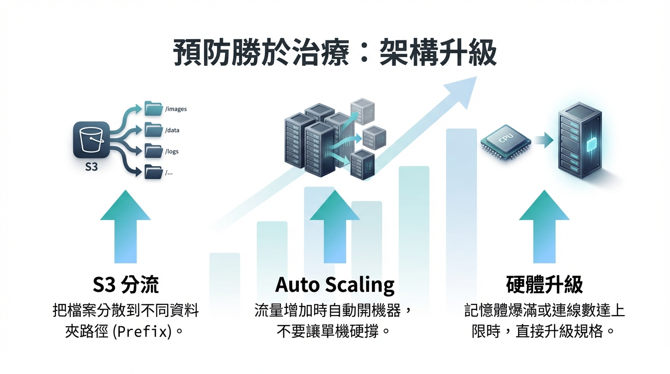 預防 503 錯誤的架構升級方案示意圖，展示 S3 資料分流、設定 Auto Scaling 自動擴展以及進行硬體規格升級。