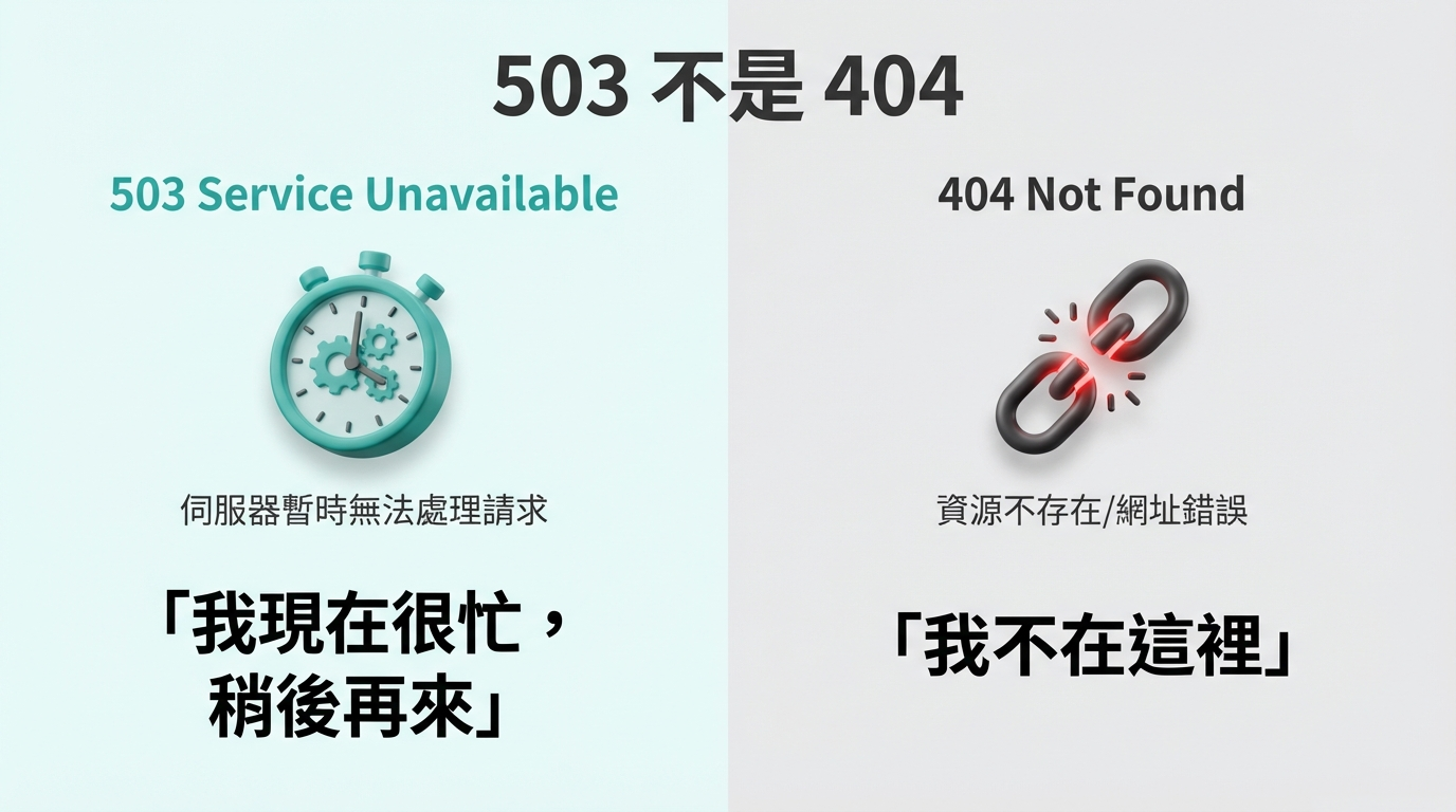比較 HTTP 503 與 404 錯誤的差異圖表：503 代表伺服器暫時忙碌（Service Unavailable），而 404 代表資源不存在或網址錯誤（Not Found）。