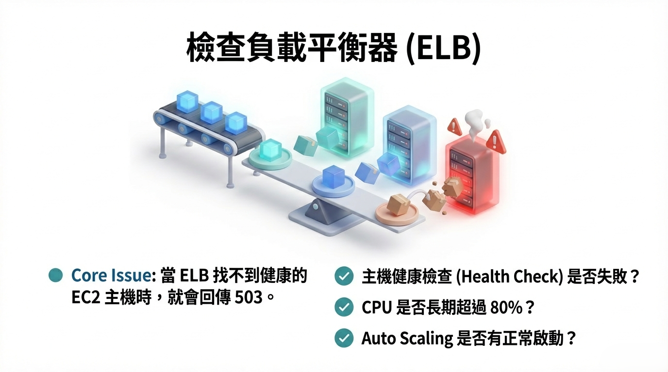 檢查負載平衡器 (ELB) 引起 503 錯誤的常見問題清單，包括主機健康檢查失敗、CPU 長期過載以及 Auto Scaling 異常。